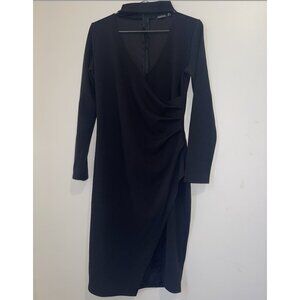 Boohoo Black Long Sleeve Faux Wrap Midi Dress – Size US 12